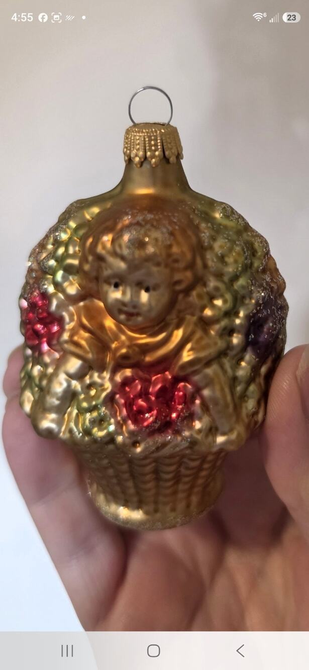 VTG West Germany Blown Glass Ornament Girl in Flower Basket Glitter